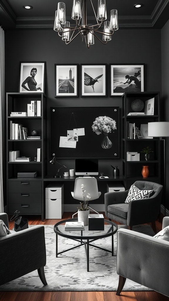 Stylish black and white home office featuring a corkboard display, elegant furniture, and decor.