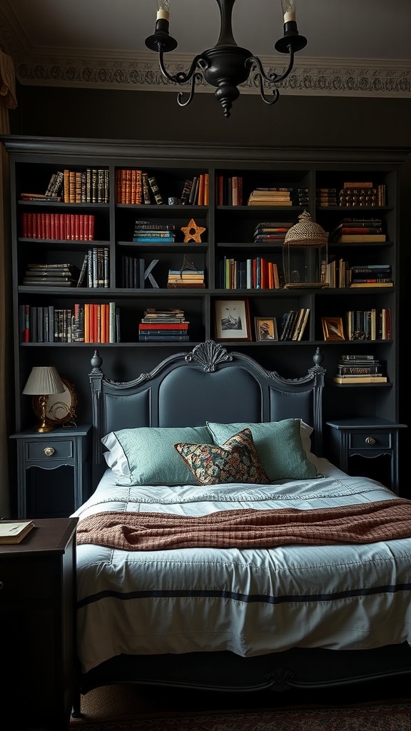 A dark moody bedroom featuring stylish shelving filled with books, a cozy bed, and inviting decor.