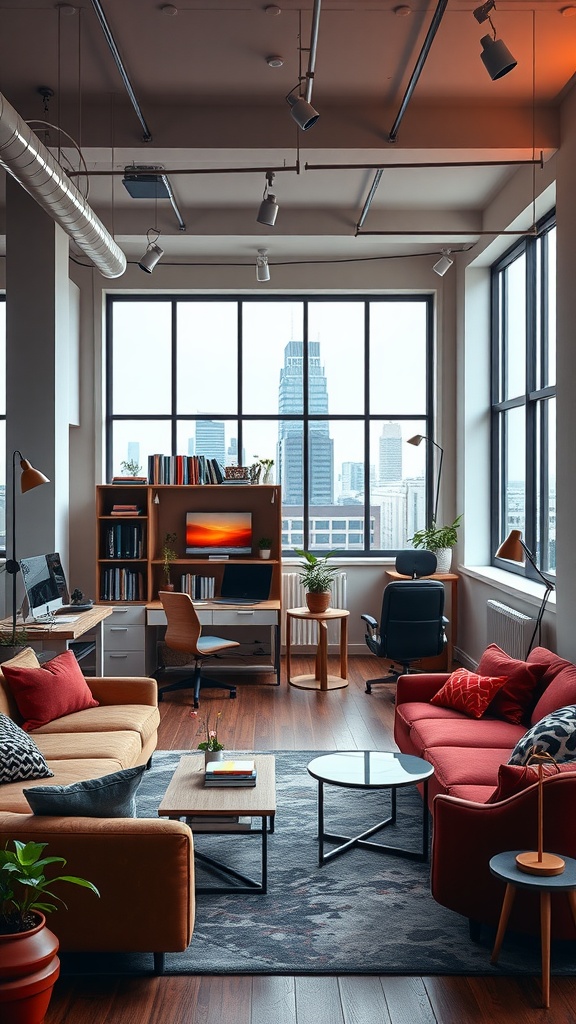 Stylish urban loft home office with large windows, cozy seating, and a modern work area