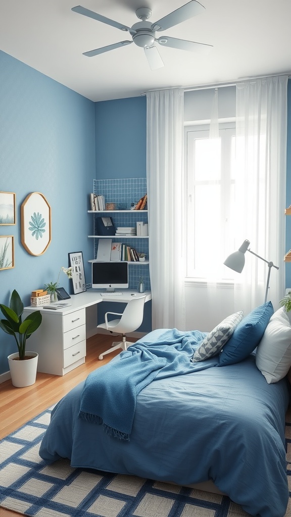 A serene blue and white bedroom featuring a cozy desk setup and textured wall finishes.