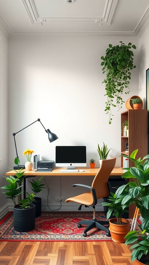 A cozy and eco-friendly home office setup with a wooden desk, plants, and a computer.