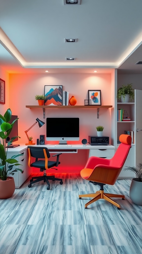 A modern tech-optimized workspace with vibrant decor and a sleek desk setup.