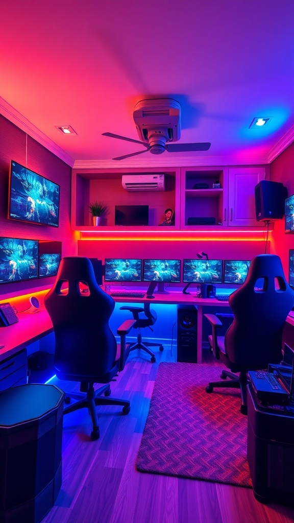 A vibrant tech-savvy gaming station with multiple monitors and colorful lighting