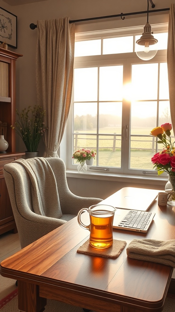 Cozy home office with textured fabrics, warm sunlight, and a inviting atmosphere