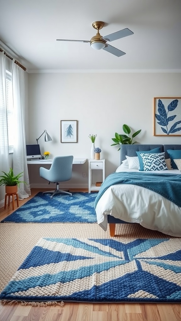 Cozy bedroom with blue and white textured rugs, a desk area, and plants.