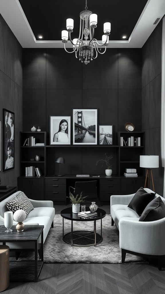 A stylish black and white home office featuring textured wall panels, elegant furniture, and sophisticated decor.