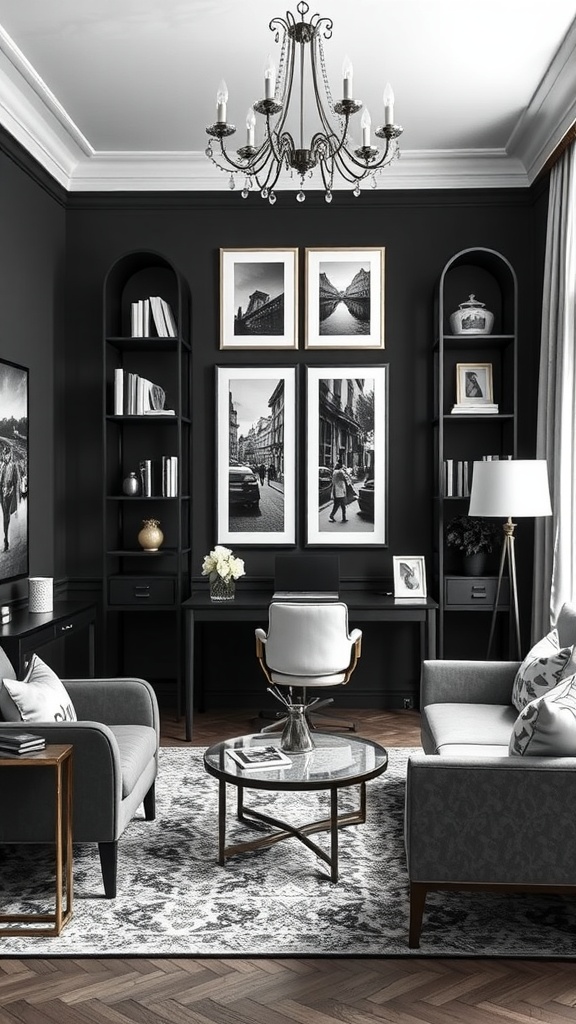 Stylish black wall office featuring elegant decor, a chandelier, and modern furniture.