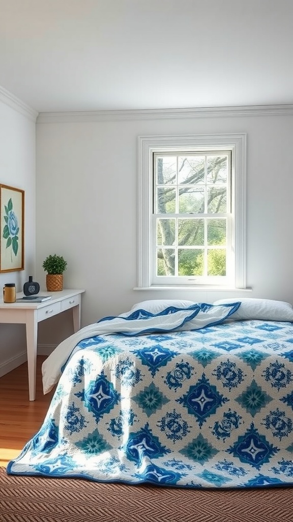 A cozy bedroom featuring a blue and white quilt on a bed, with a small desk nearby and a window allowing natural light.