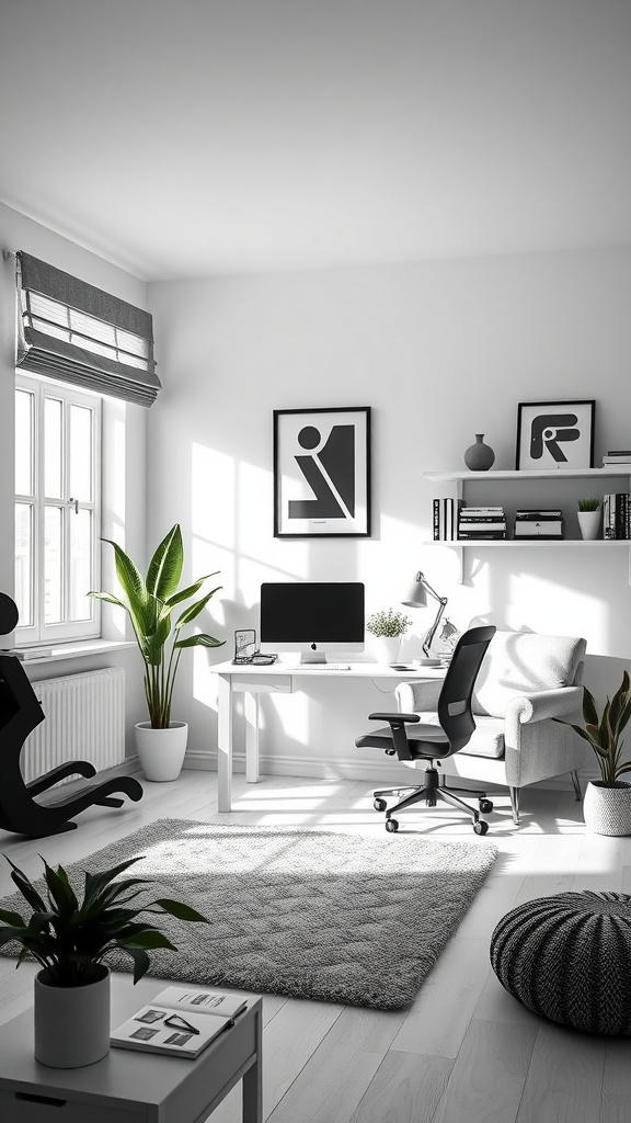 A tranquil monochrome home office featuring a cozy desk, plants, and soft natural light.