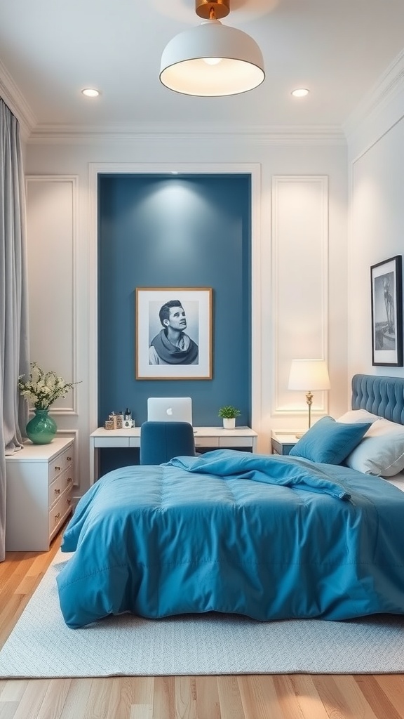 A serene blue and white bedroom featuring elegant lighting fixtures, showcasing a cozy desk and stylish decor