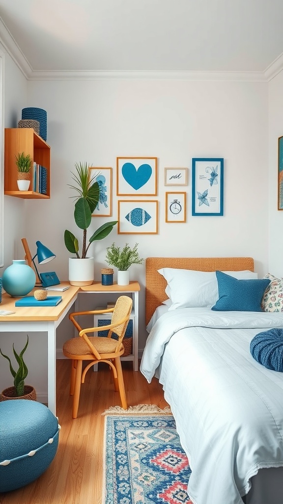 A cozy bedroom with a home office setup featuring blue decor items, a desk, and plants.