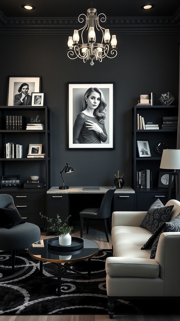 A stylish black and white home office featuring a black wall, elegant furniture, and unique desk accessories.