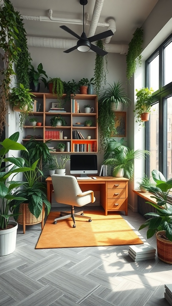 A stylish home office filled with plants, featuring a wooden desk, comfortable chair, and bright rug.