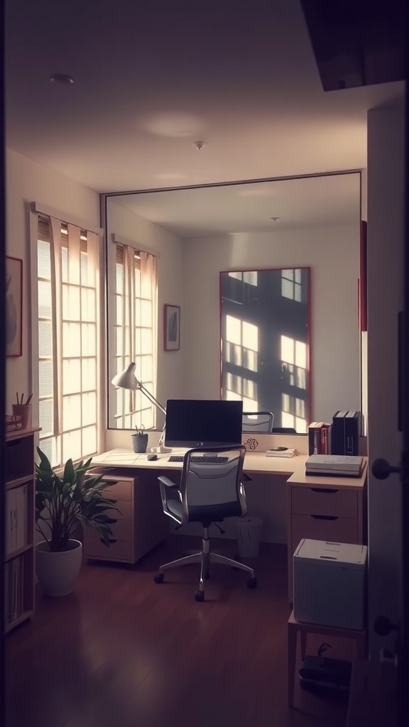 A cozy small home office with a large mirror reflecting light and space.