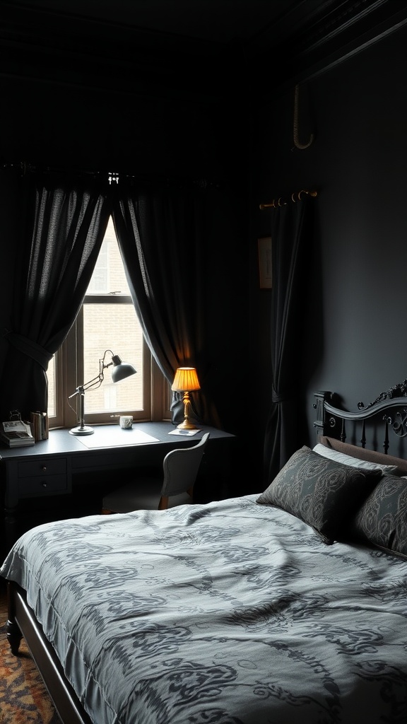 A dark moody bedroom featuring dark curtains, a bed with intricate bedding, and a desk with a lamp.