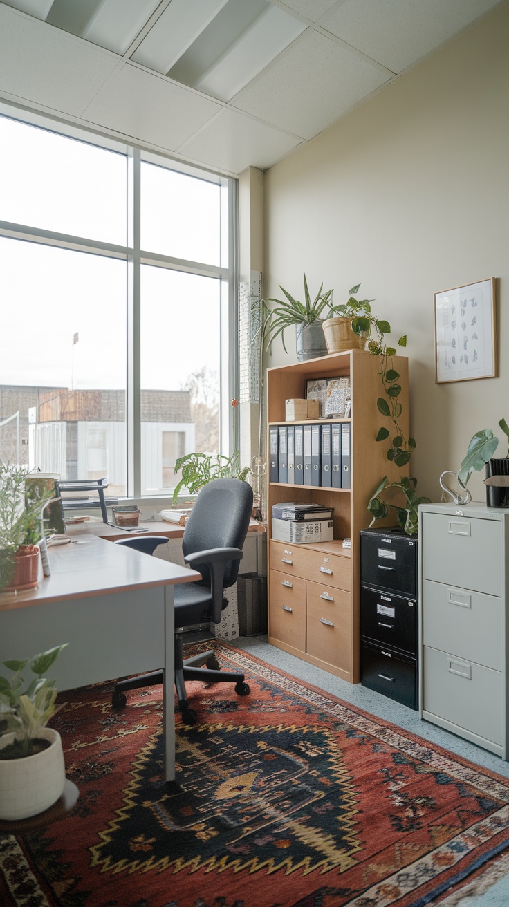 Bright office space with large windows and natural light, featuring a desk and plants.