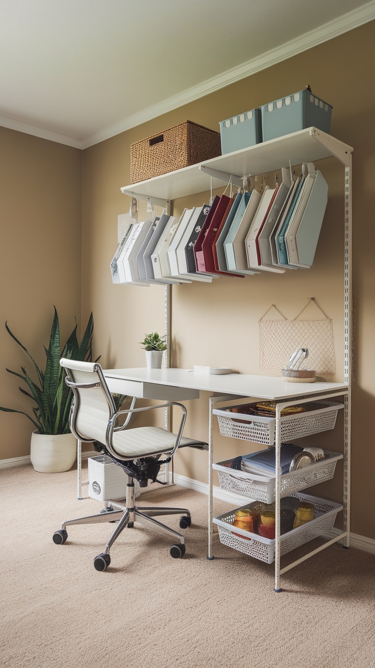 An organized under-desk area with storage baskets and files in a small home office