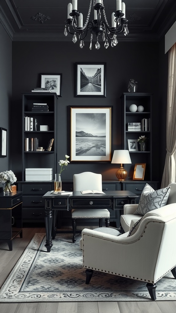 Elegant vintage inspired desk in a black and white home office