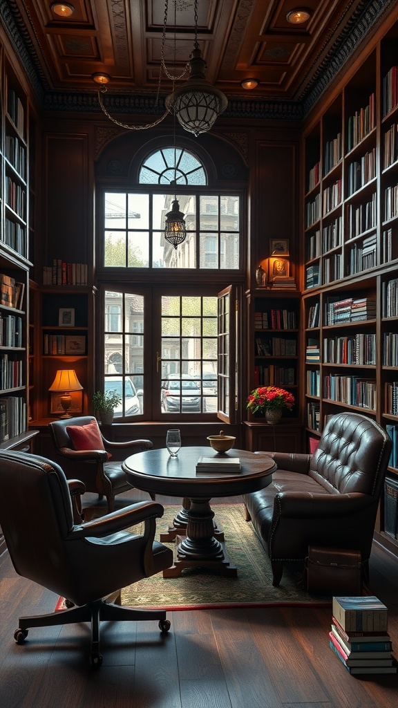 A vintage library study with wooden shelves filled with books, two comfortable chairs, and a round table under a large window.