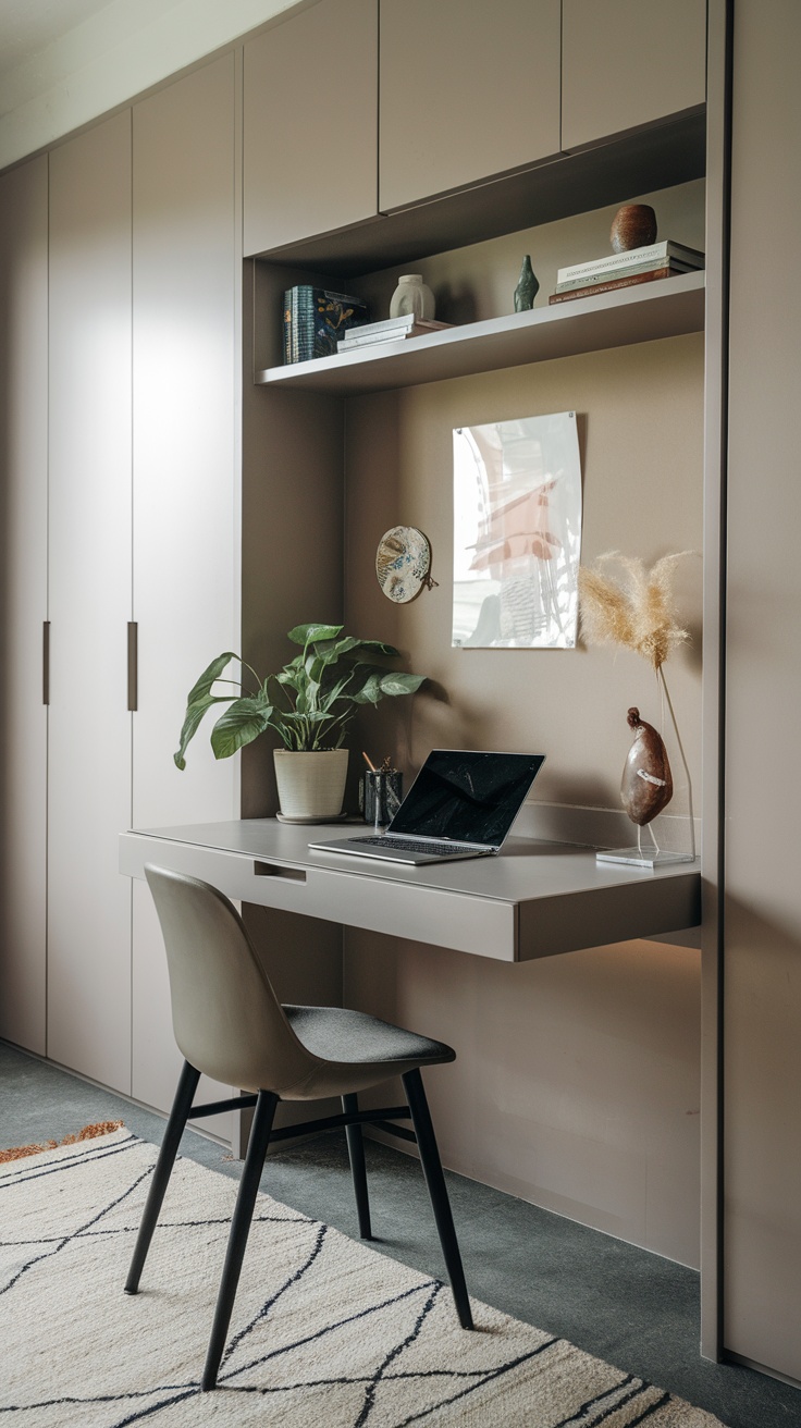 A minimalist wall-mounted workstation with a laptop, lamp, and decorative items