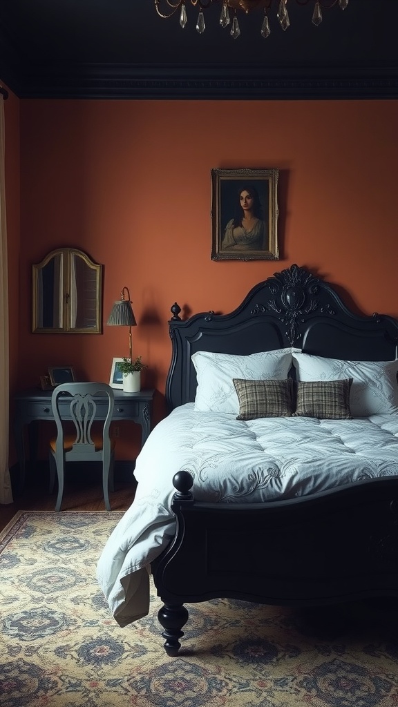 Cozy bedroom with warm orange walls and dark furniture, featuring a plush bed and elegant decor.