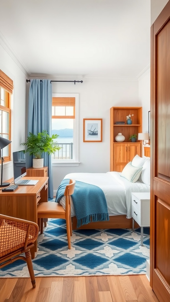 A serene bedroom with warm wood accents and blue decor, featuring a cozy desk area and a comfortable bed.