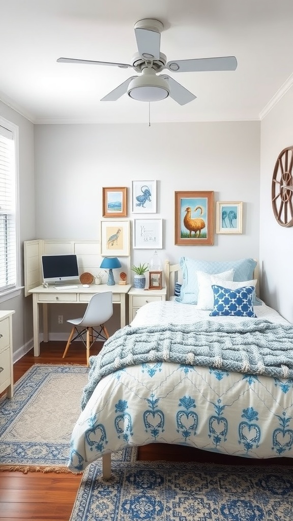 A cozy bedroom featuring blue and white accents, a stylish work desk, and playful decor.