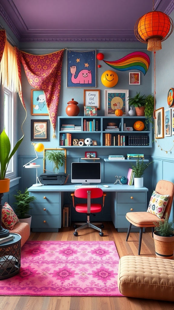 A colorful and whimsical home office featuring blue furniture, vibrant decor, and a cozy rug.