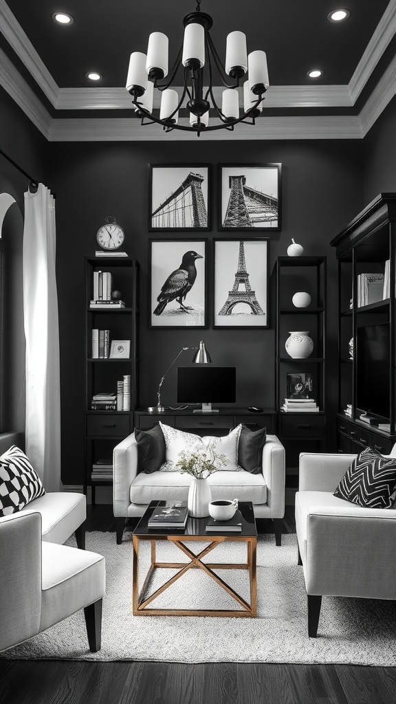 A stylish black and white home office featuring a black wall, light gray furniture, and artistic decor.