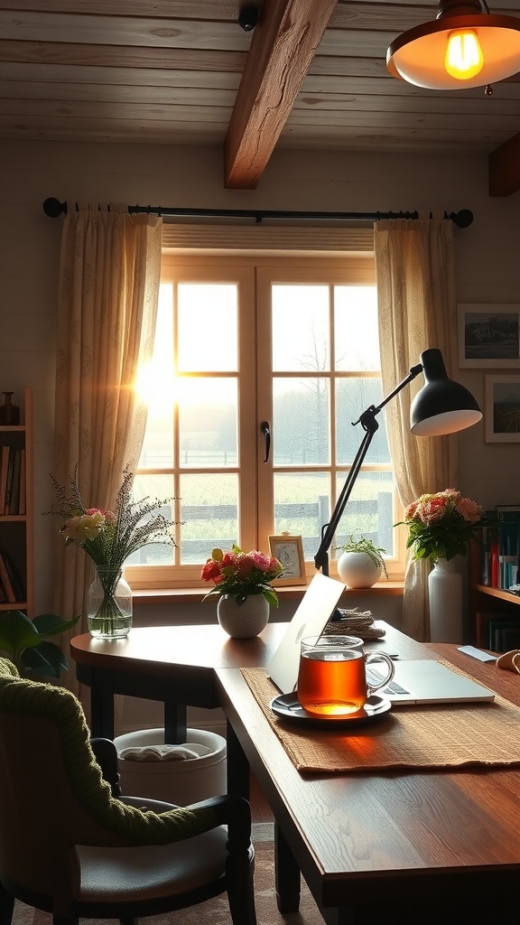 Cozy home office with wooden beams, a desk, and sunlight streaming through the window