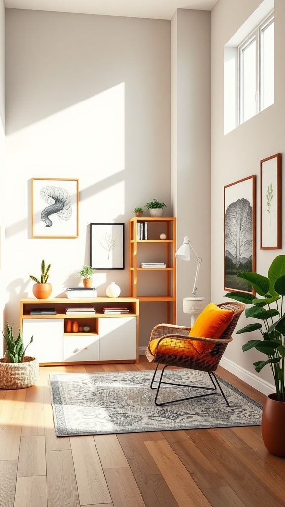 A bright and cozy zen workspace featuring a warm orange chair, plants, and minimalist decor.