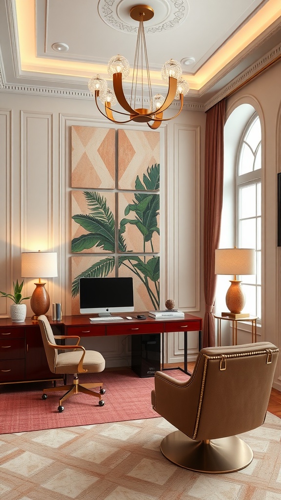 Chic Art Deco style home office with rich red furniture, a cozy desk, and tropical artwork.