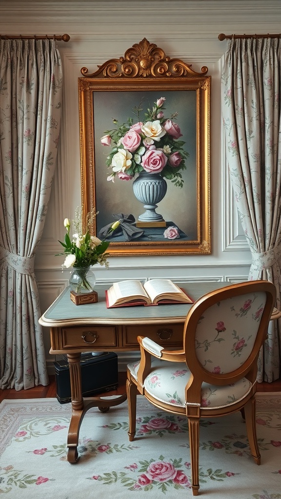 Art Deco style vintage home office with a floral painting, elegant desk, and cozy chair.