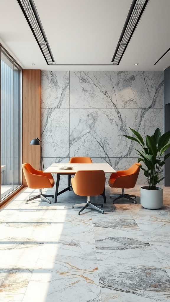 Modern office space with marble flooring and textured marble walls, featuring orange chairs and a large window.