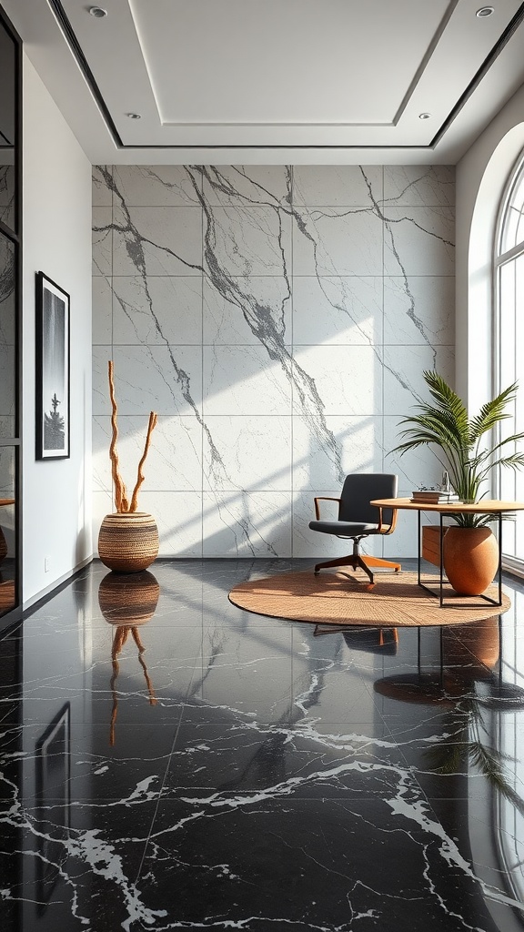 An elegant office space featuring Artisan Dark Brown Statuario Marble flooring with modern furniture and decor