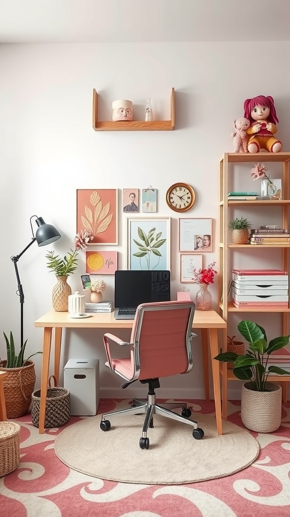 A cozy home office decorated with pink and natural elements, featuring a wooden desk, trendy wall art, and cute room accessories.