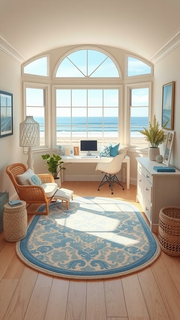 A cozy coastal cottage home office with beige walls, large windows, and beachy decor.