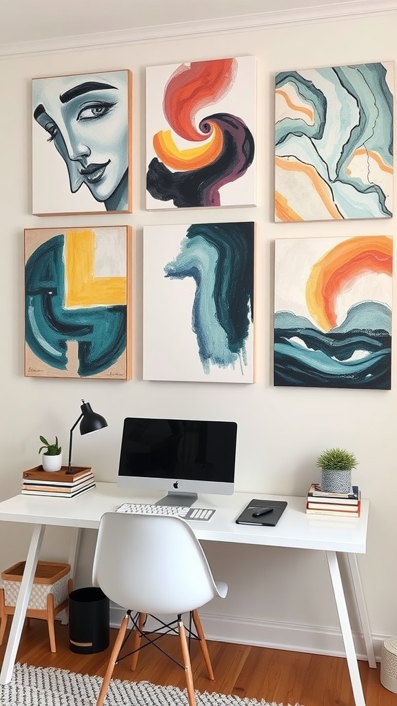 A bright and artistic wall featuring various trendy wall art pieces, with plants and cozy seating in a feminine home office setting.