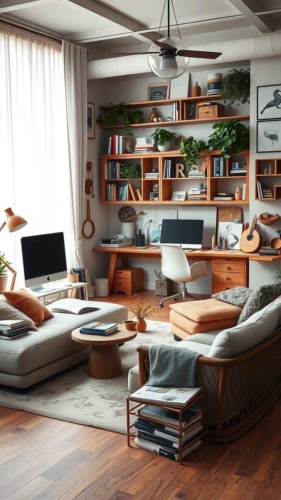 Cozy living room with an artistic workspace featuring bookshelves, plants, and comfortable seating.