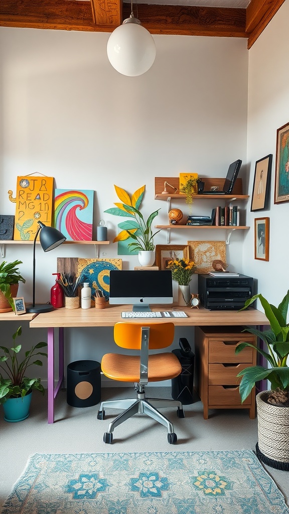 A vibrant home office featuring a computer, colorful decor, and a red chair, embodying artistic and girly elements.