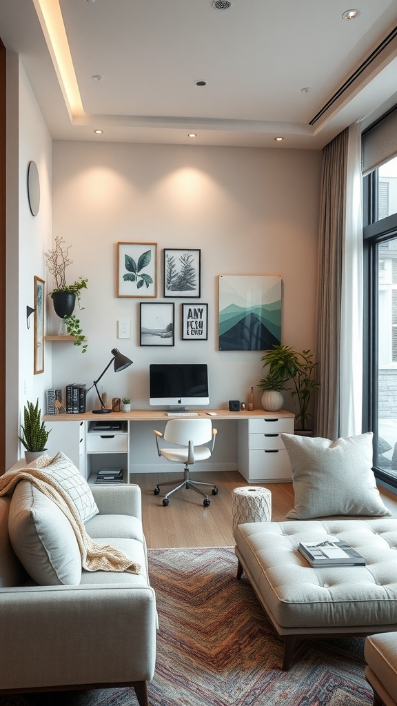 Cozy home office with artistic wall divider, modern desk, and inviting decor.