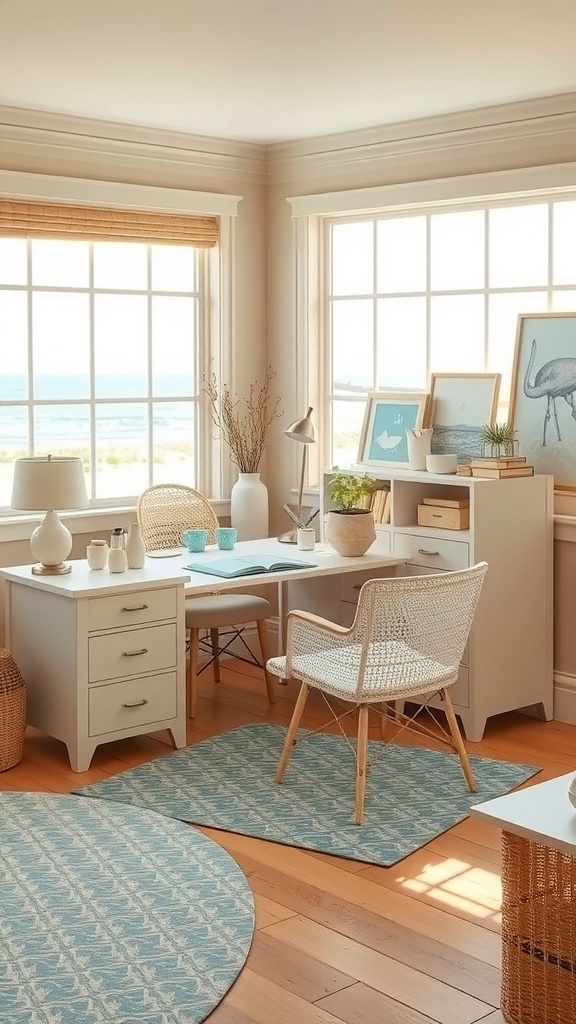 A bright coastal cottage home office with beige and blue decor, featuring a modern desk, wicker chair, and a view of the beach