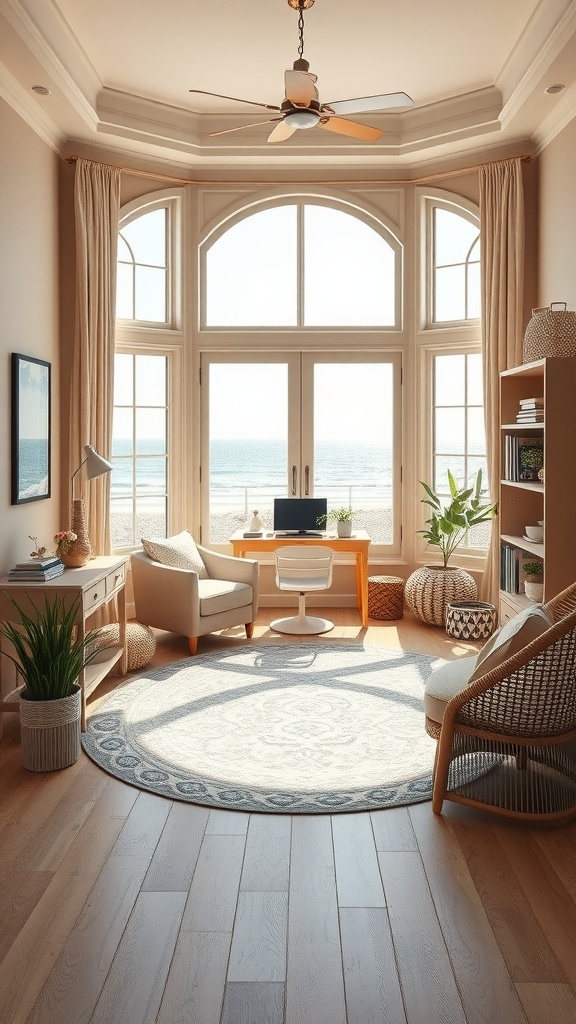 A bright and airy beach house office with large windows, a round rug, and modern furniture.