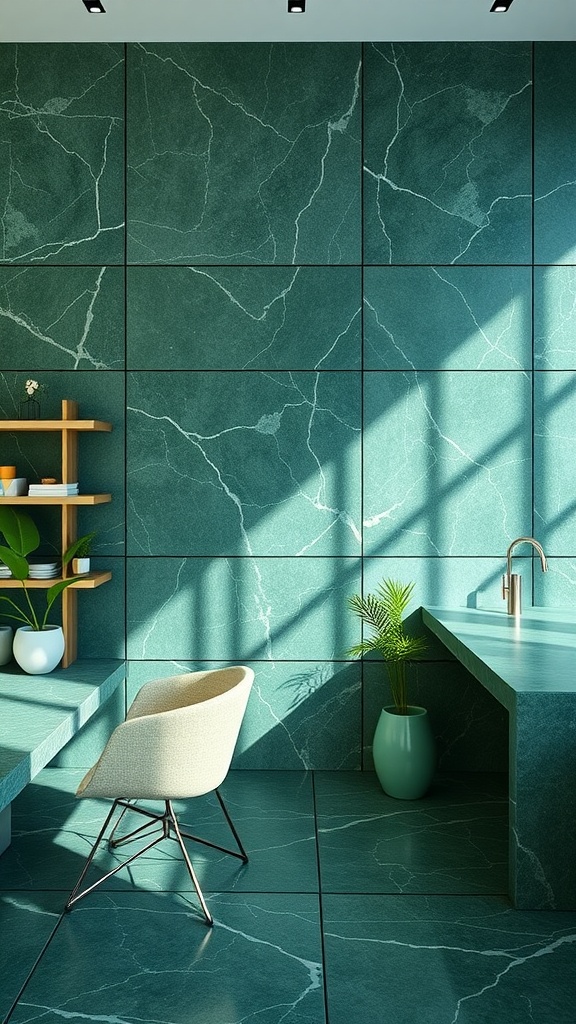 Interior of a modern home office featuring green Marquina marble flooring and wall panels.
