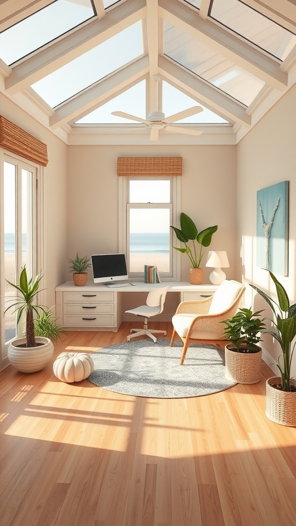 Coastal cottage home office with beige decor, large windows, and plants