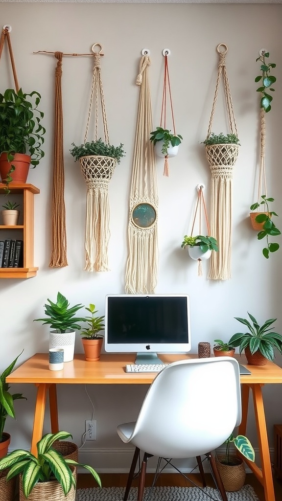 A cozy home office featuring macrame accents and lush plants, showcasing a bohemian chic style.