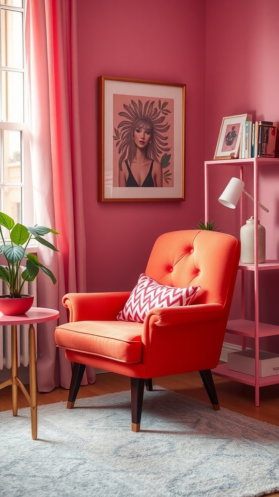 A bold orange accent chair in a pink room with decorative elements.