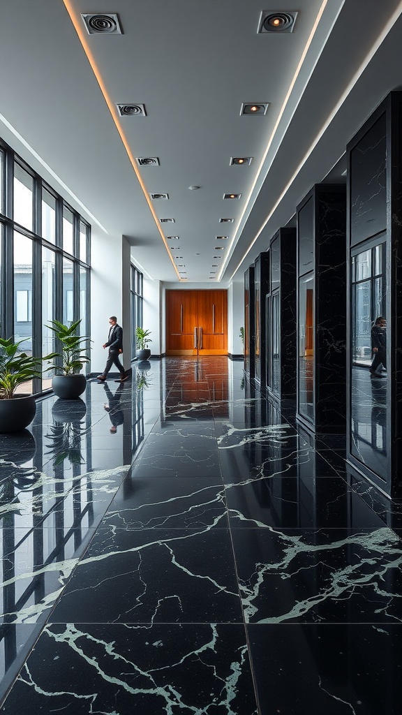 A modern office corridor featuring bold black and green marble flooring, reflecting light and showcasing sleek design elements.