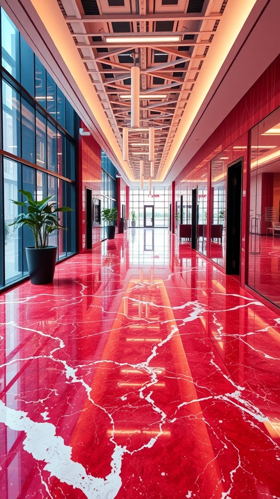 Bold Red Rosso Levanto marble flooring in a modern office setting.