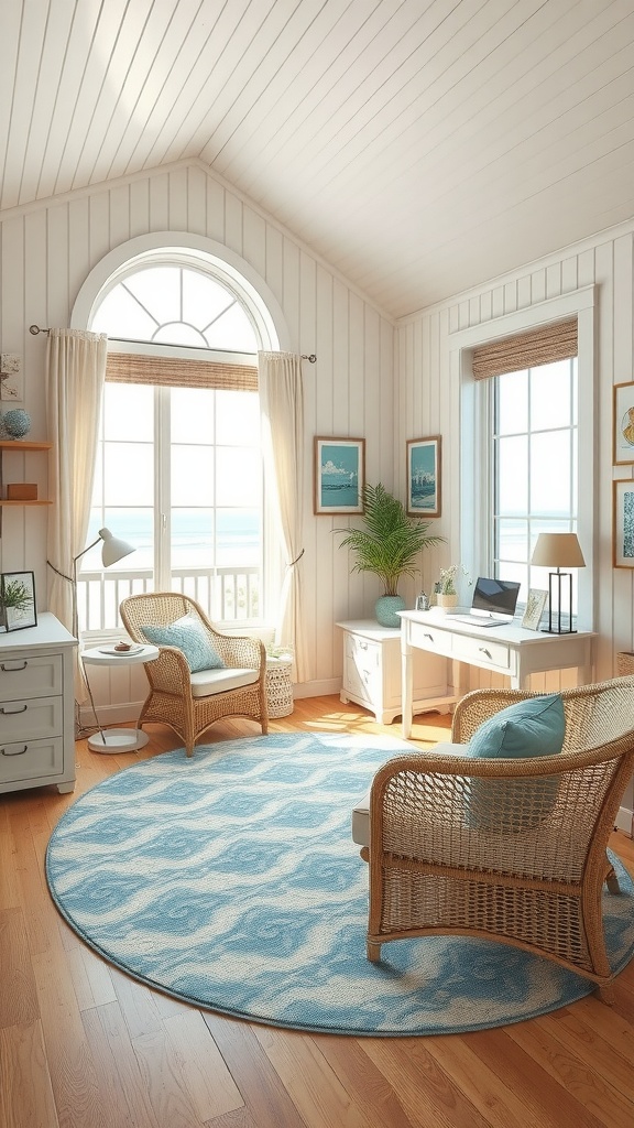 Cozy coastal cottage home office with beadboard paneling, large windows, and beachy decor